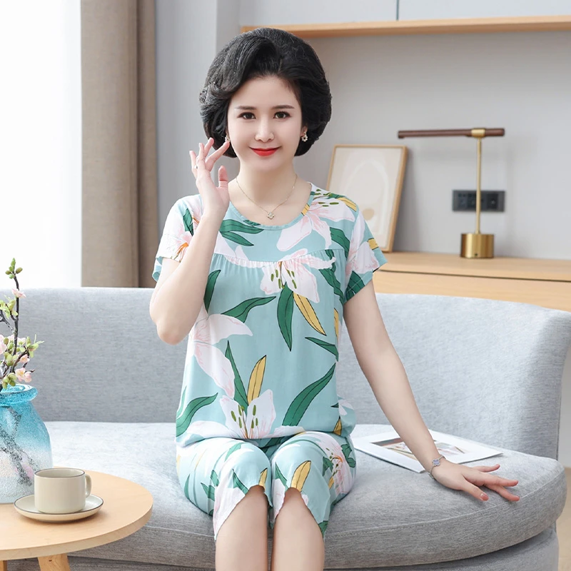 #2024 优选40支棉绸睡衣女套装夏季薄款家居服中老年短袖妈妈装