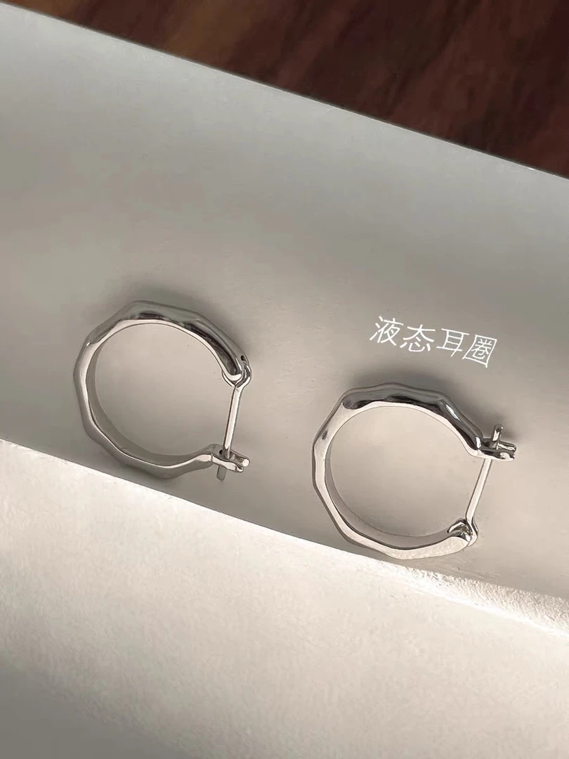 铜合金耳饰 925银针耳环高级小众耳圈耳扣素圈耳钉圆圈不规则液态