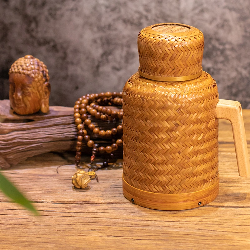 【细物专属】手提篾编玻璃内胆热水壶1升  热水壶手工竹编热水瓶