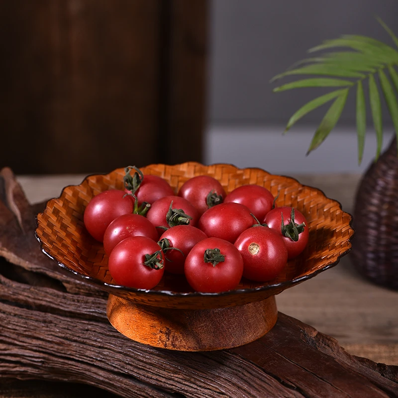 大漆竹席高脚长方形圆形百合多款果盘水果坚果盘手工正方形竹编