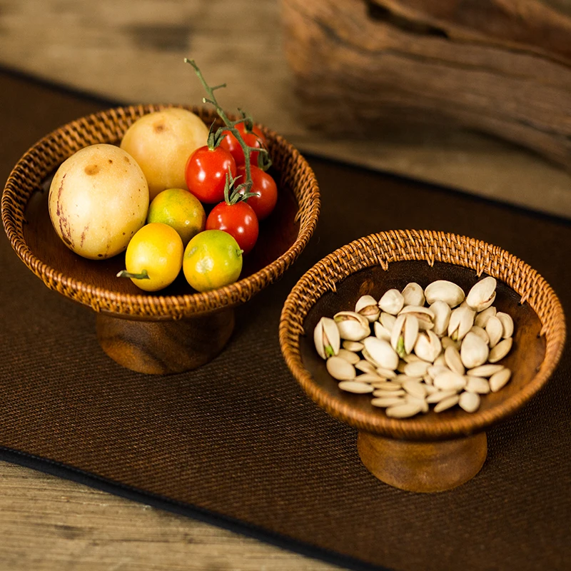 【2组专属】胡桃木大漆矮脚果盘创意茶点盒高脚收纳盒复古风茶盘