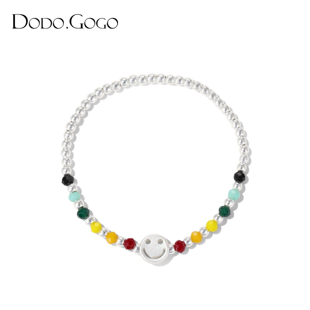 DODOGOGO 925银仿水晶手链 彩珠笑脸手链可爱时尚百搭嘻哈弹力绳