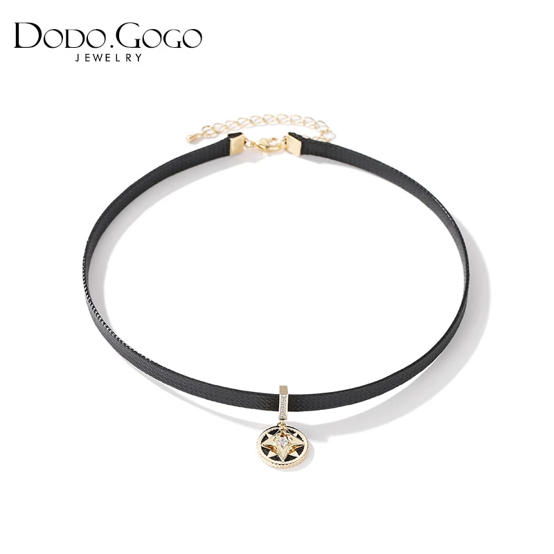 DODOGOGO 铜合金皮质项链 八芒星颈链小众设计感黑色choker锁骨链