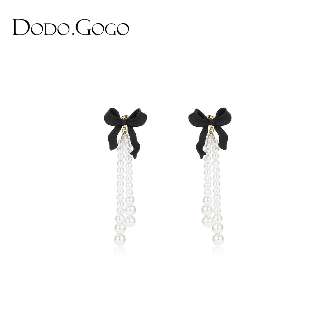 DODOGOGO 铜合金仿珍珠耳饰 蝴蝶结耳环珍珠流苏高级感气质耳钉女
