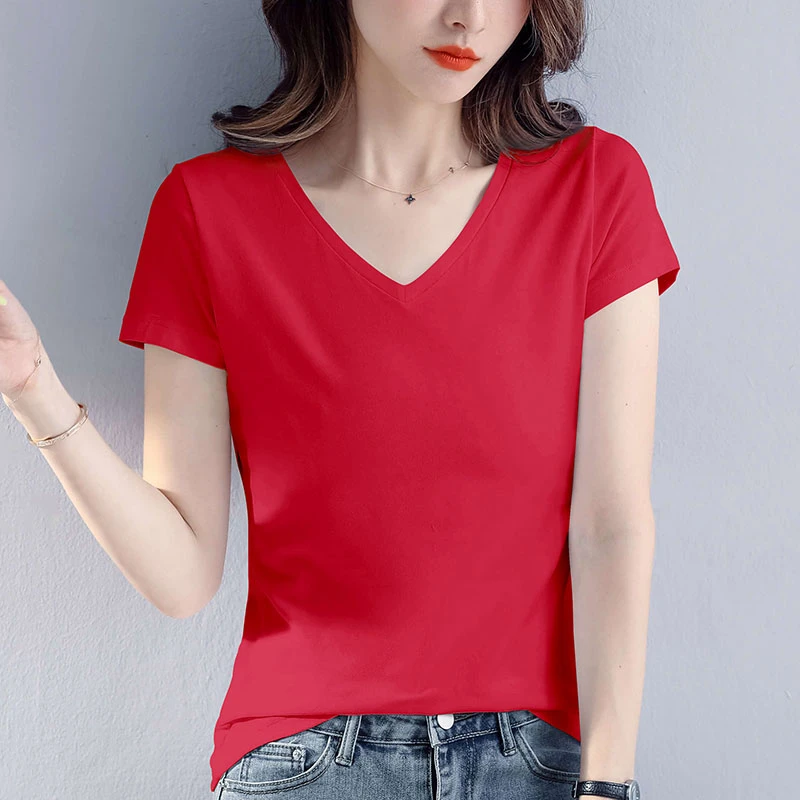 高级感红色v领上衣修身t恤女短袖减龄2025年新款夏季鸡心领体恤薄