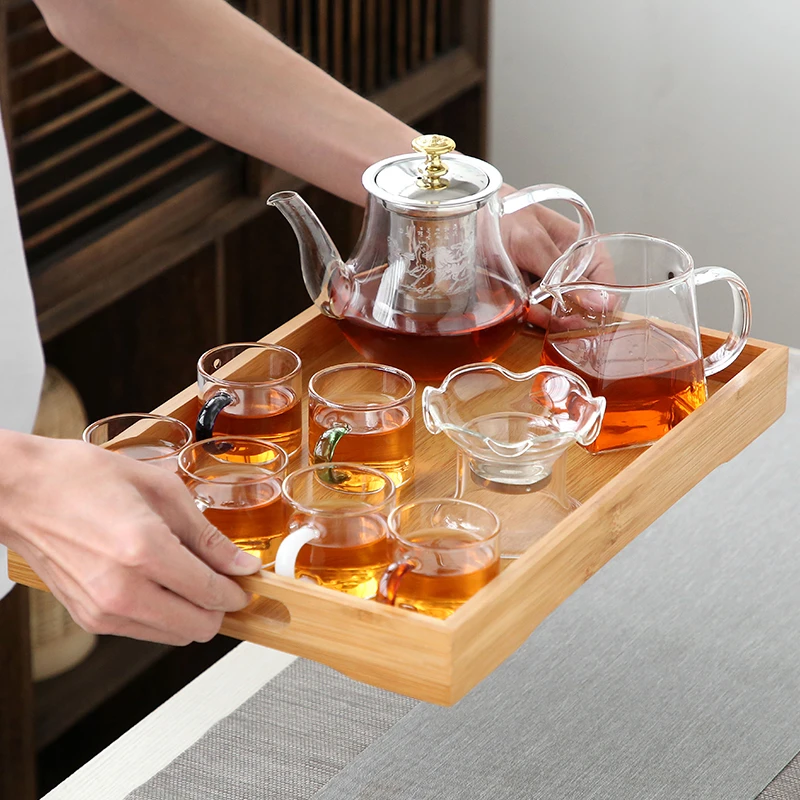 透明玻璃功夫茶具家用高端茶壶盖碗带竹木托盘大号倾耳壶泡茶