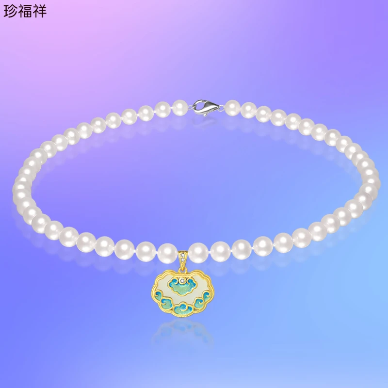 珍福祥珍珠项链少女新款淡水珍珠圆形天然白色强光锁骨颈链如意锁