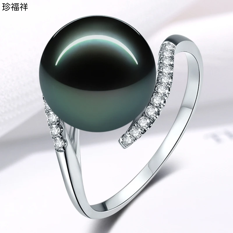 珍福祥大溪地海水黑珍珠戒指女款18K金镶嵌钻石正圆形天然强光