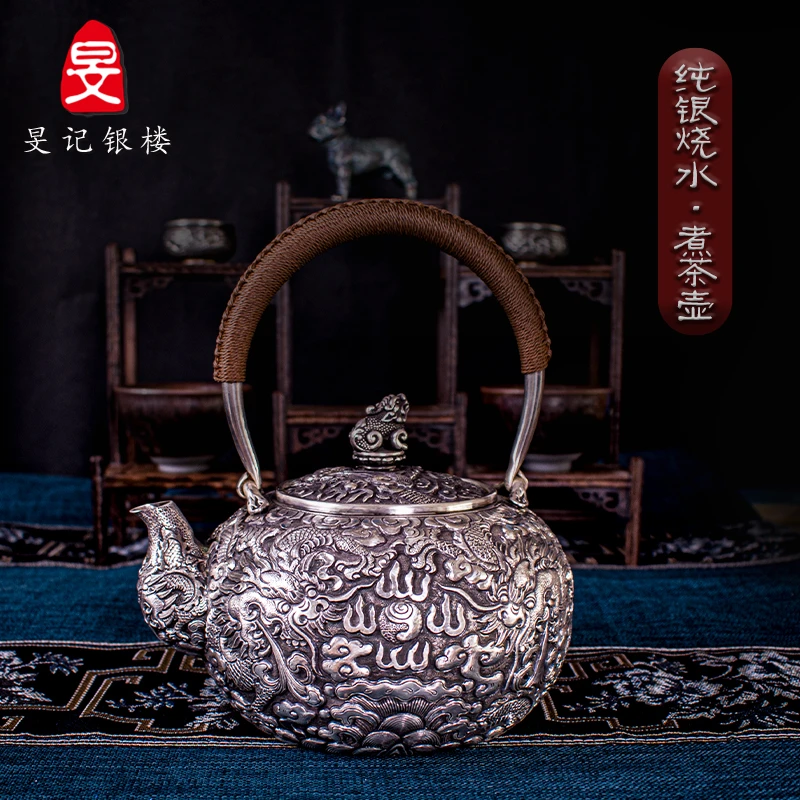 银壶999纯银烧水壶二龙戏珠纯手工一张打浮雕錾刻足银煮水泡茶壶