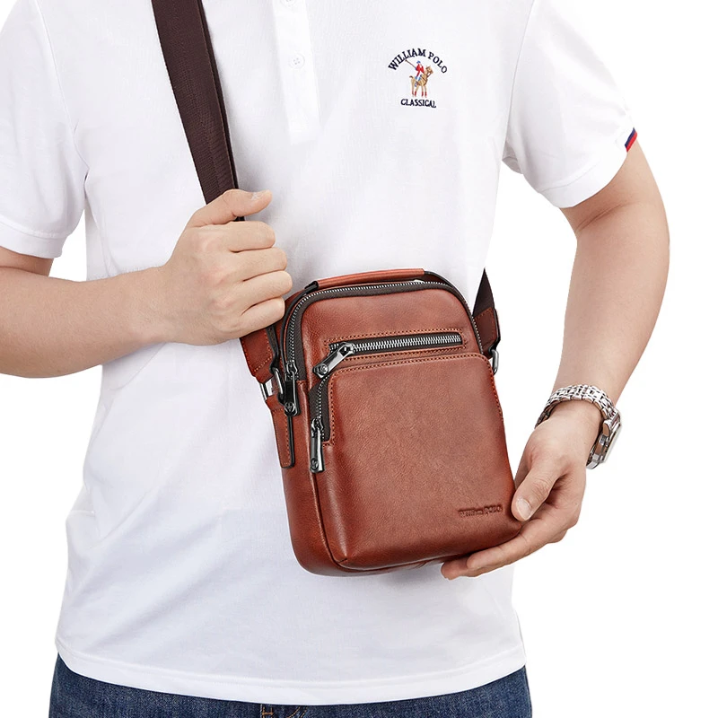 英皇保罗新款男士复古时尚休闲小型牛皮单肩包斜跨包多功能男士包