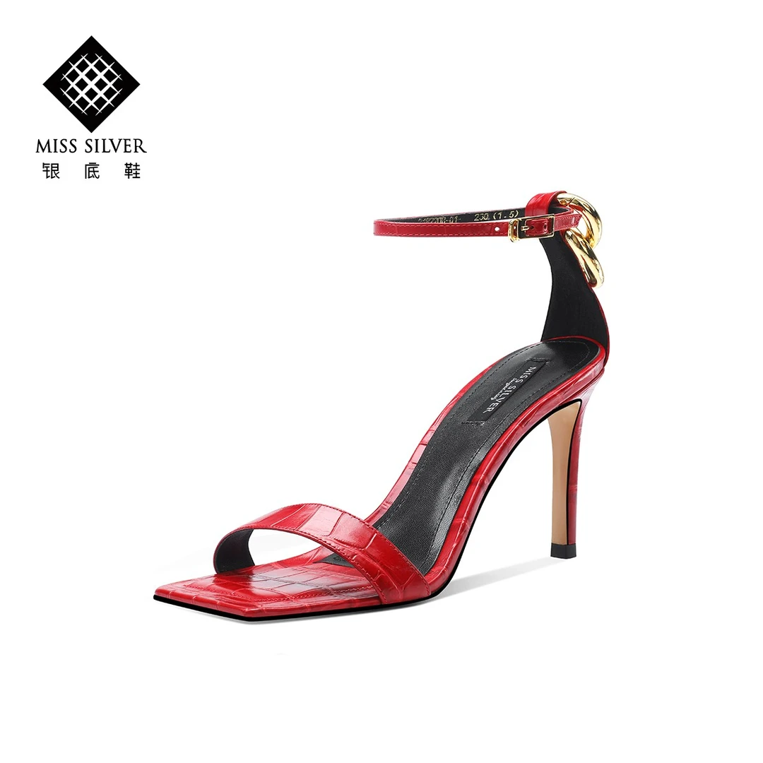 MISSSILVER百搭凉鞋女款2022新款爆款气质细跟红色高跟鞋夏季女鞋