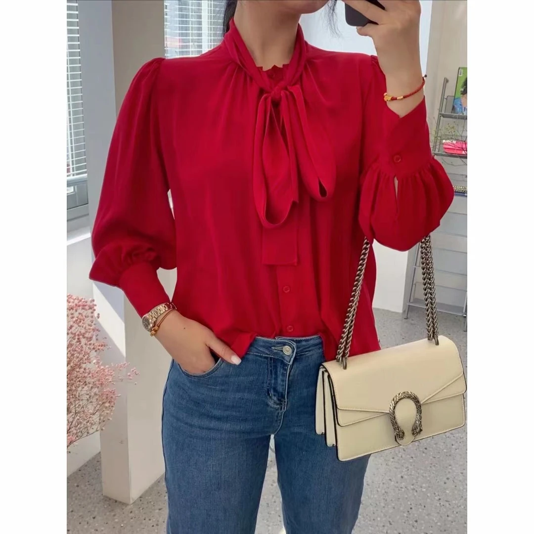 【花滿林】飘带领26姆米建宏绉真丝桑蚕丝气质红色上衣3938