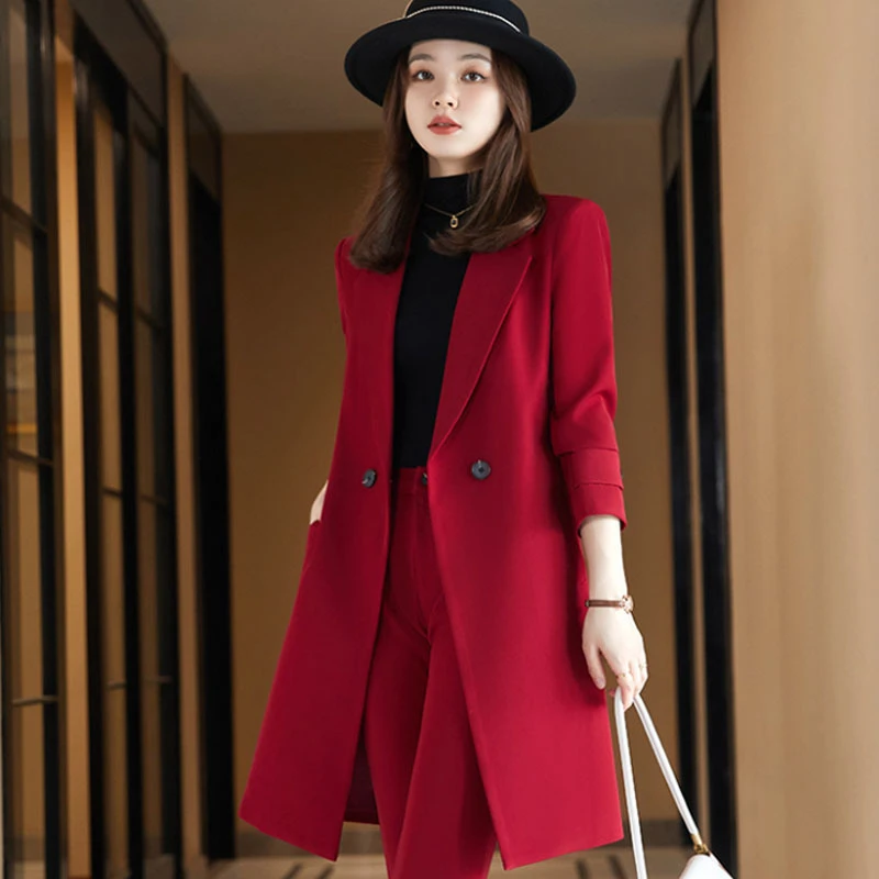 红色小西装外套女中长新款2021时尚气质春秋高端西服风衣职业套装