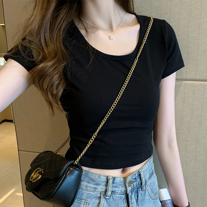 短款t恤女夏季黑色短袖新款露脐上衣高腰修身百搭纯棉显瘦小个子