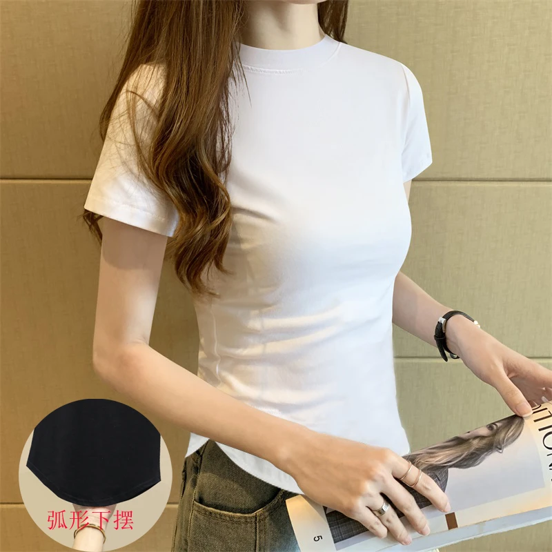 小高领短袖t恤女夏季新款白色U型下摆弧形不规则修身百搭显瘦上衣