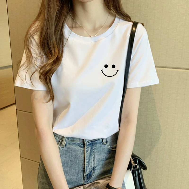 宽松短袖t恤女夏季新款休闲爆款笑脸印花爱心学生装洋气百搭上衣