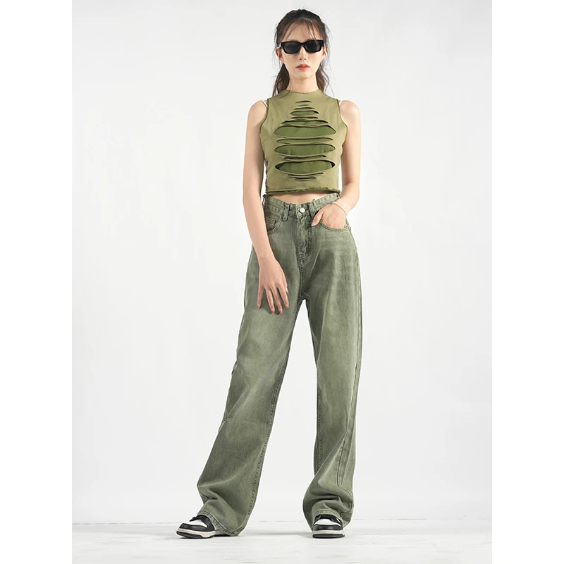 【AGUA】高级感洗水绿设计感扎染辣妹高腰显瘦垂感拖地裤牛仔裤