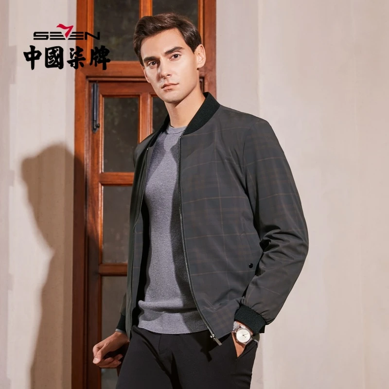 柒牌外套男秋冬棒球领提花格纹茄克衫男装男士商务秋季121K70210.