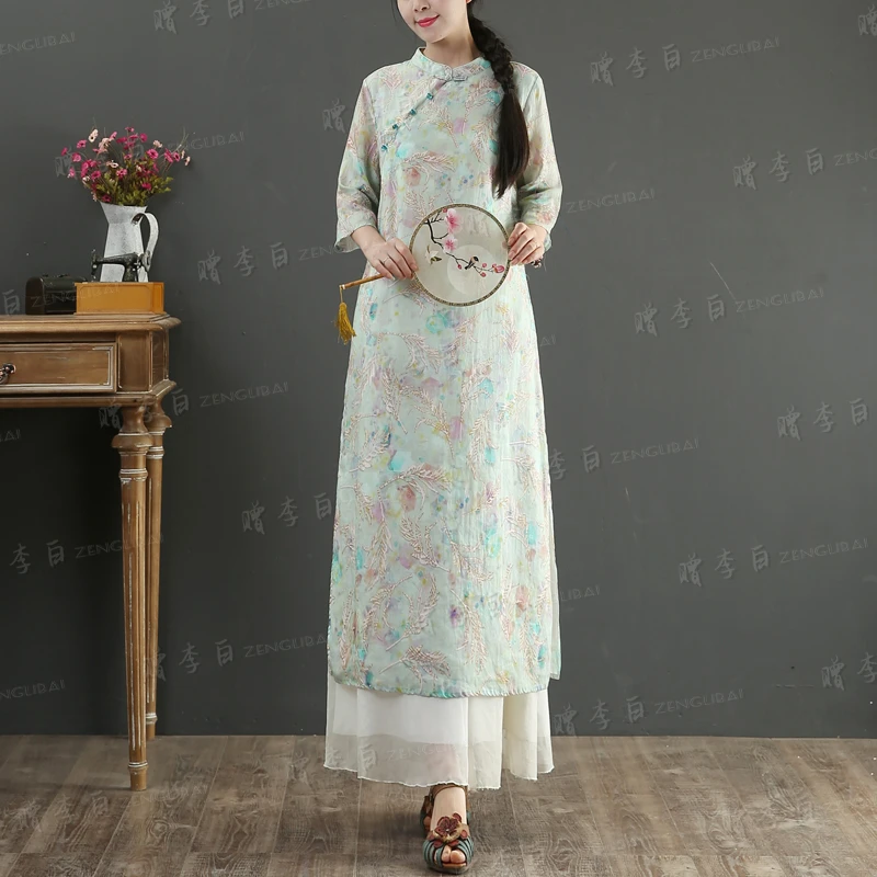 赠李白【岁岁平安】100支苎麻中国风原创设计旗袍文艺盘扣旗袍6172