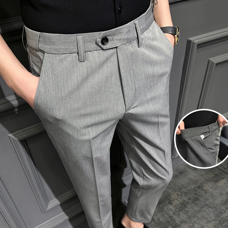 春秋款隐形松紧腰弹力西装裤男修身小脚直筒休闲长裤商务正装西裤