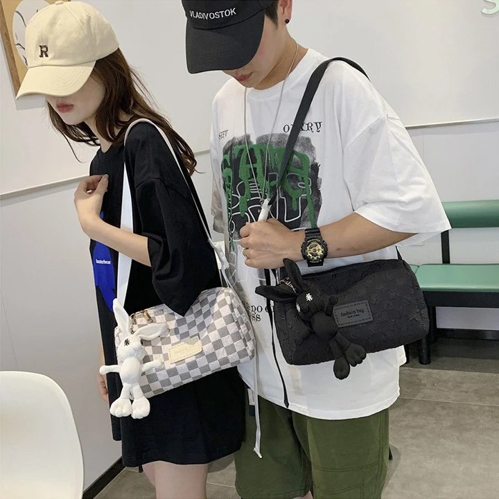 时尚情侣卡通公仔新格子托特包大容量单肩斜挎DIY手工自制材料包