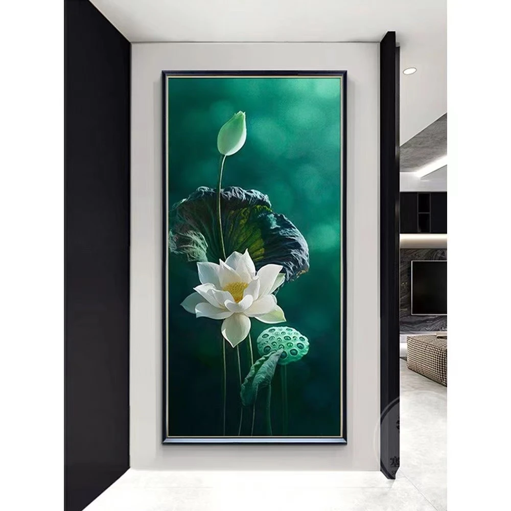 现代新中式入户门玄关画简约手工轻奢高档镶钻晶瓷画灯光装饰挂画