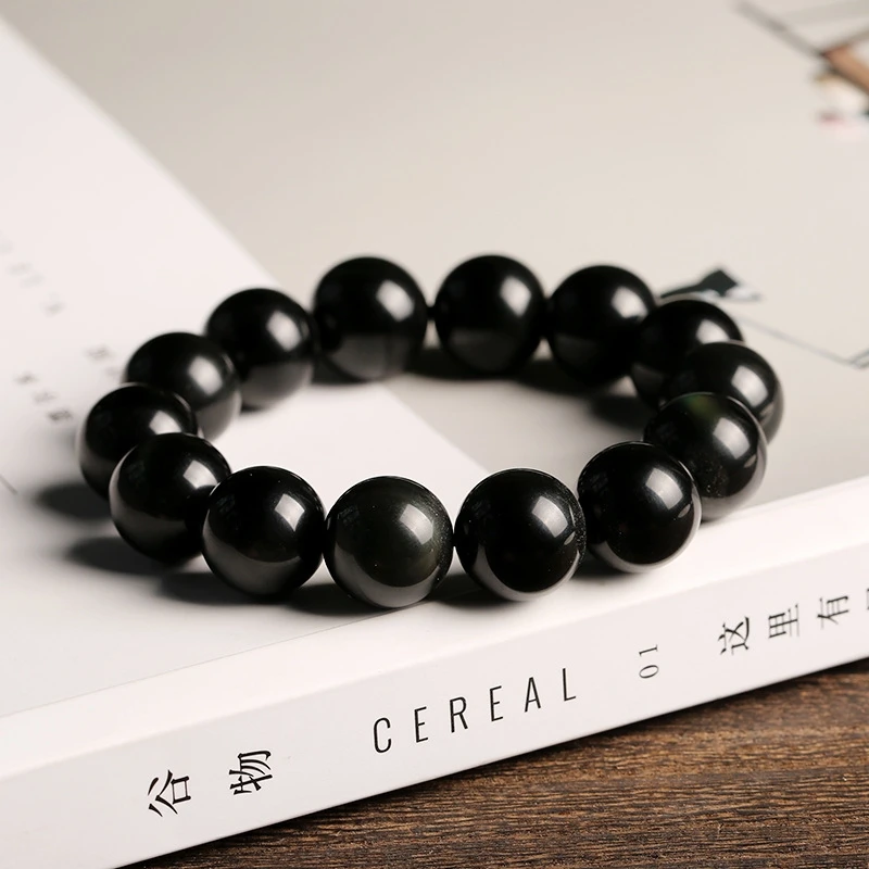 时尚简约单圈男款女士渐变情侣饰品黑色手串天然彩虹眼黑曜石手链
