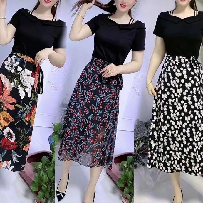 时尚套装春夏新款一字肩修身连衣裙围裙两穿洋气两件套显瘦气质