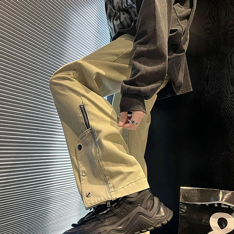 美式小众高街vibe潮牌牛仔裤男春秋季宽松设计感拉链开叉直筒裤子