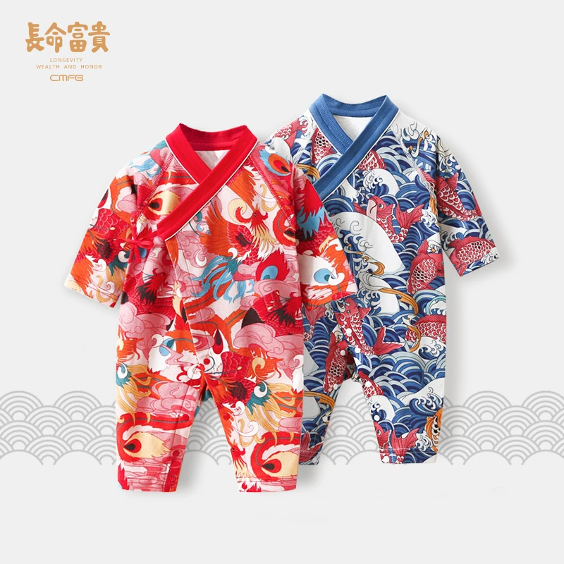 新生婴儿衣服春秋装连体衣男女宝宝满月服网红中国风潮服哈衣爬服