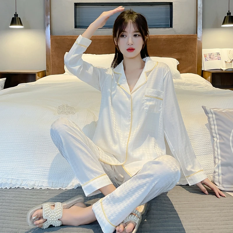 春秋新款睡衣女士长袖长裤薄款夏季性感冰丝绸两件套装家居服开衫
