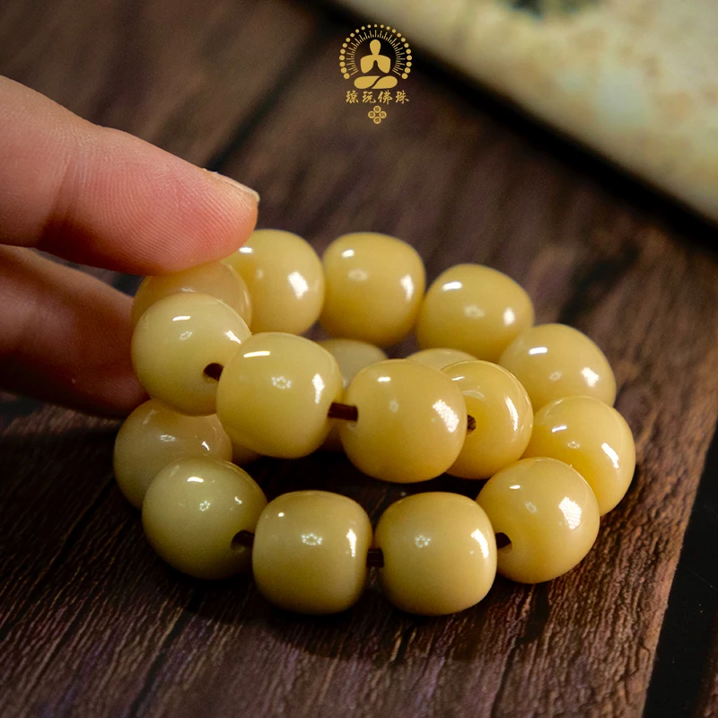 奶黄陈籽风化白玉菩提根手串绕指柔单圈念珠男女佛珠老料桶珠文玩