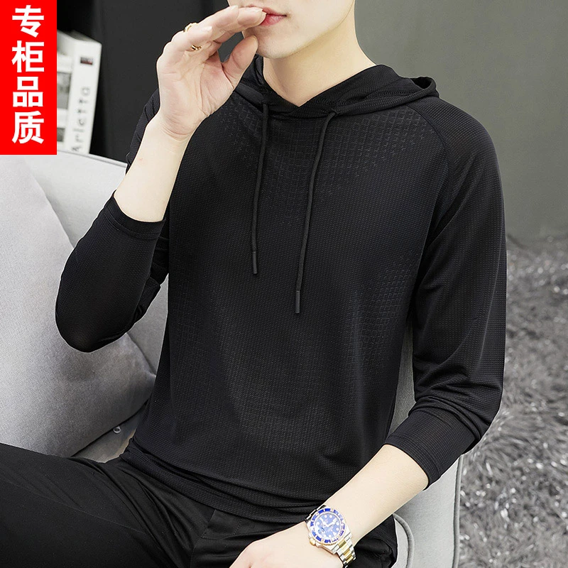 冰丝长袖速干男士夏季户外跑步连帽T恤运动休闲上衣春秋季打底衫