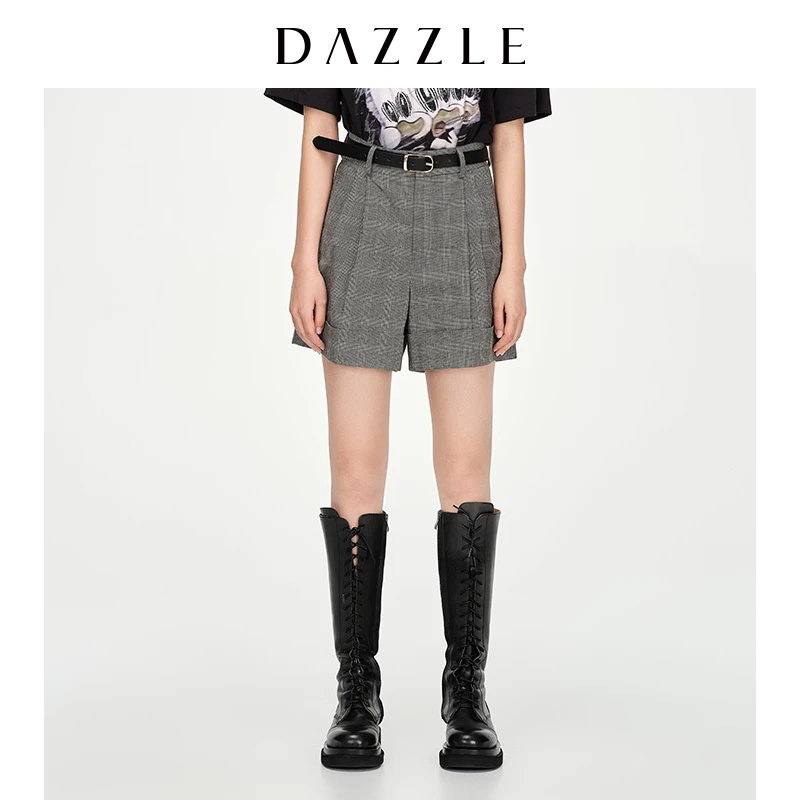 DAZZLE地素 格纹时尚卷边直筒休闲短裤西裤女2D1Q112