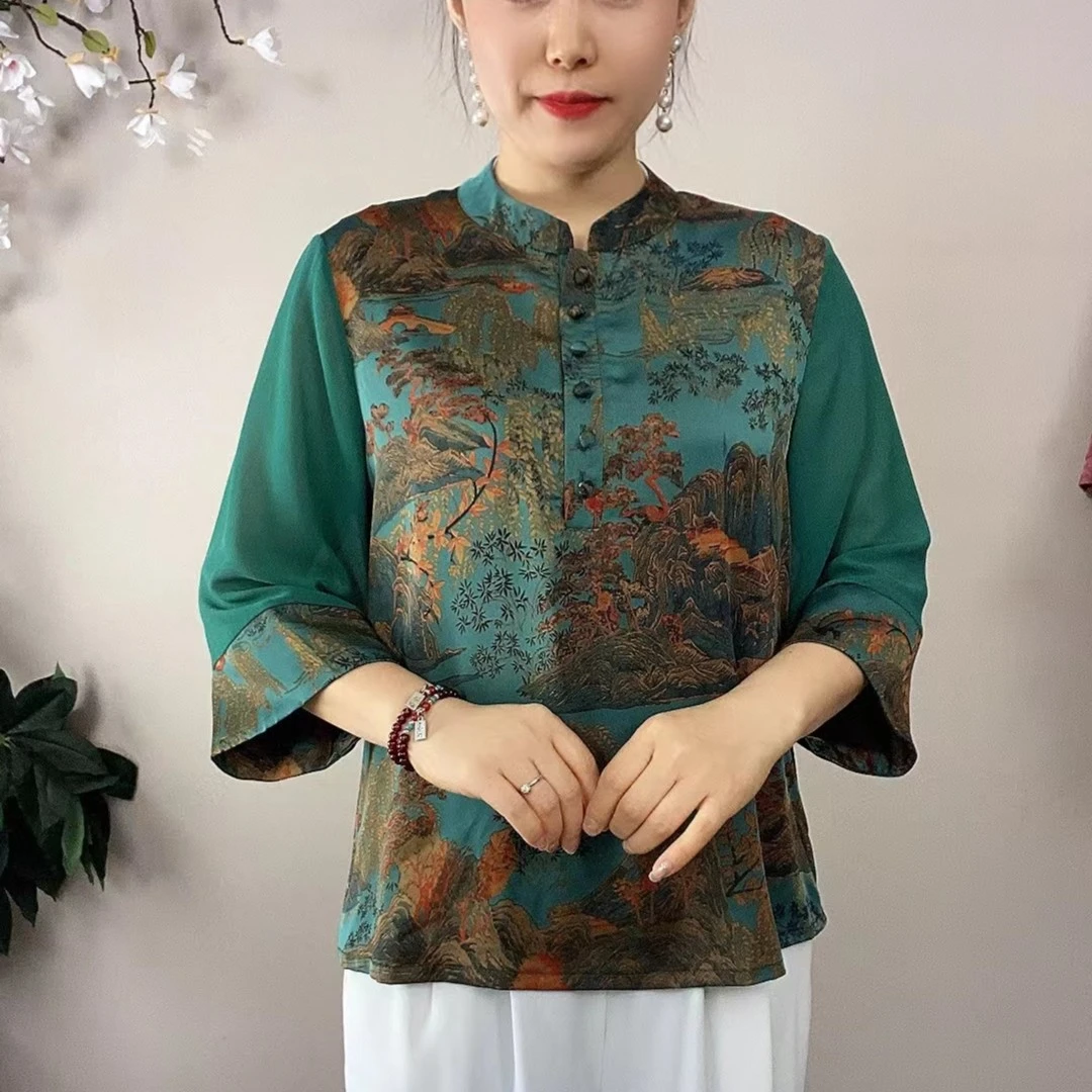 2308 夏季七分袖立领女式上衣女装妈妈装50-60岁时尚薄荷曼波