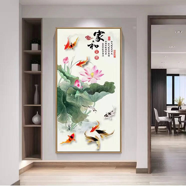 九鱼图风水招财玄关装饰画走廊过道入户挂画轻奢客厅镶钻晶瓷竖版