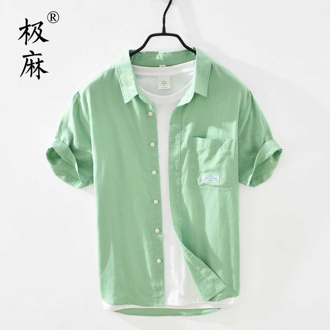 3021清新基础休闲短袖棉麻衬衫男士宽松青年舒适百搭亚麻衬衣