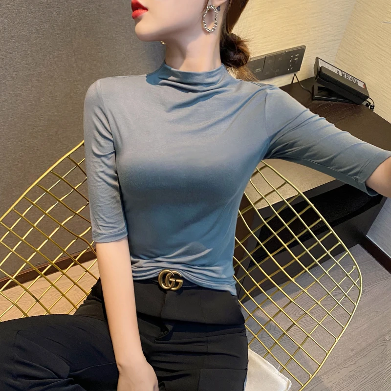灰色莫代尔T恤女半袖2023年新款半高领短袖体桖薄款五分袖上衣夏
