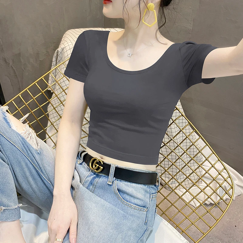 烟灰色短袖t恤女显瘦夏季U领洋气内搭半袖修身显瘦露背短款上衣潮