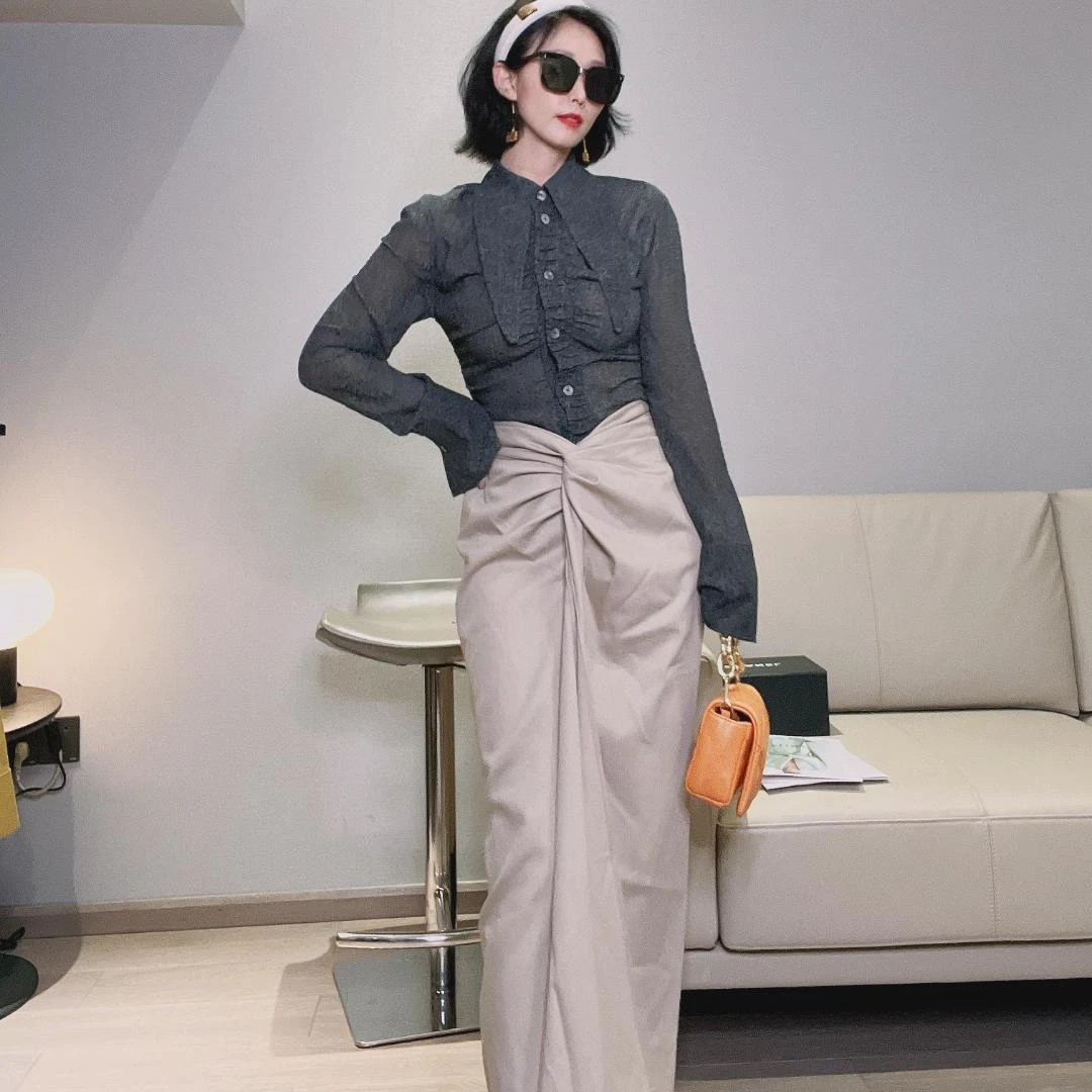 小众设计米杏色毛料抽褶半身长裙 QG87463N