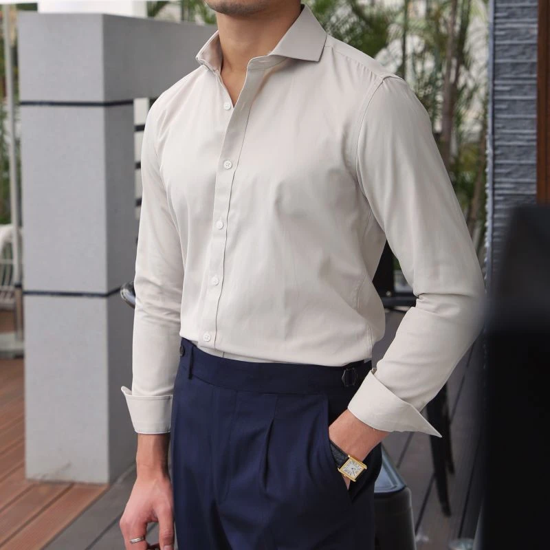 鹿三先生韩版男装修身温莎领刺绣长袖衬衫休闲时尚长袖衬衣潮男