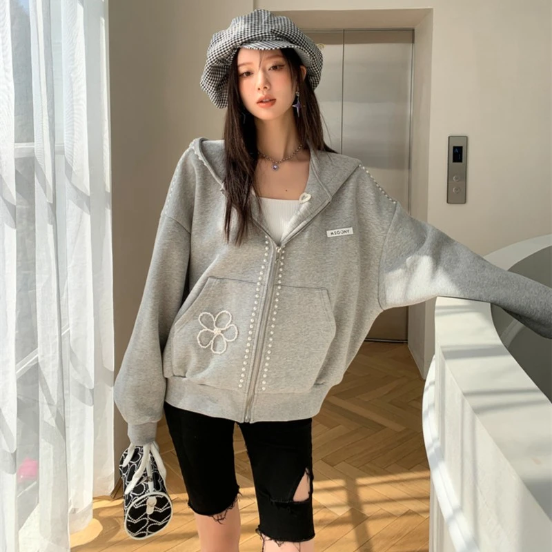 AsGony 秋季珍珠花朵爱心连帽卫衣外套开衫