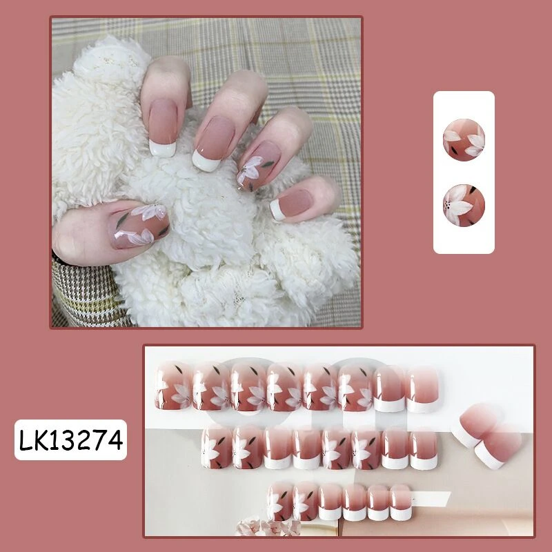 （短款）乌龙蜜桃茶花 白法式 穿戴甲美甲贴片可拆卸假指甲贴24片