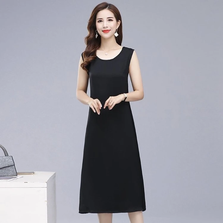 夏季无袖圆领背心连衣裙背中长款百搭气质背心纯色连衣裙妈妈装