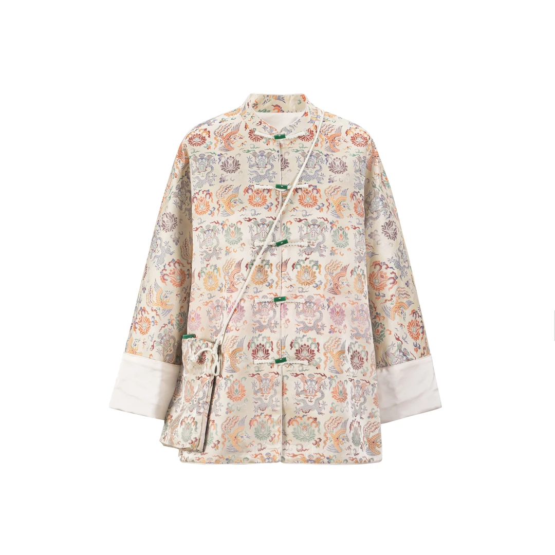 【锦亦】中式国潮风春款桑蚕丝外套百搭上衣女外套民族风立领复古