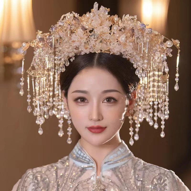 铜合金婚庆饰品 金钻新娘新款大气汉服凤冠头饰1536