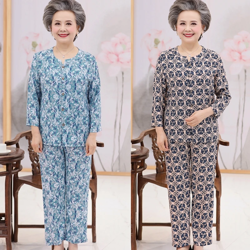 中老年女装套装棉绸妈妈夏装长袖老人奶奶开胸睡衣服春秋衬衫太太