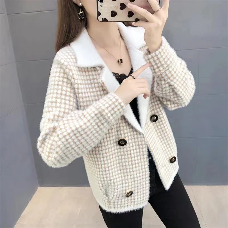 防水貂绒毛衣女开衫春秋冬装2023新款装宽松短款小香风外套女上衣