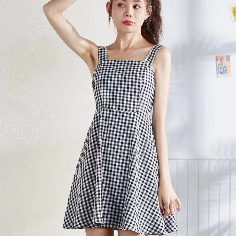 921款黑白格子吊带连衣裙个别微瑕