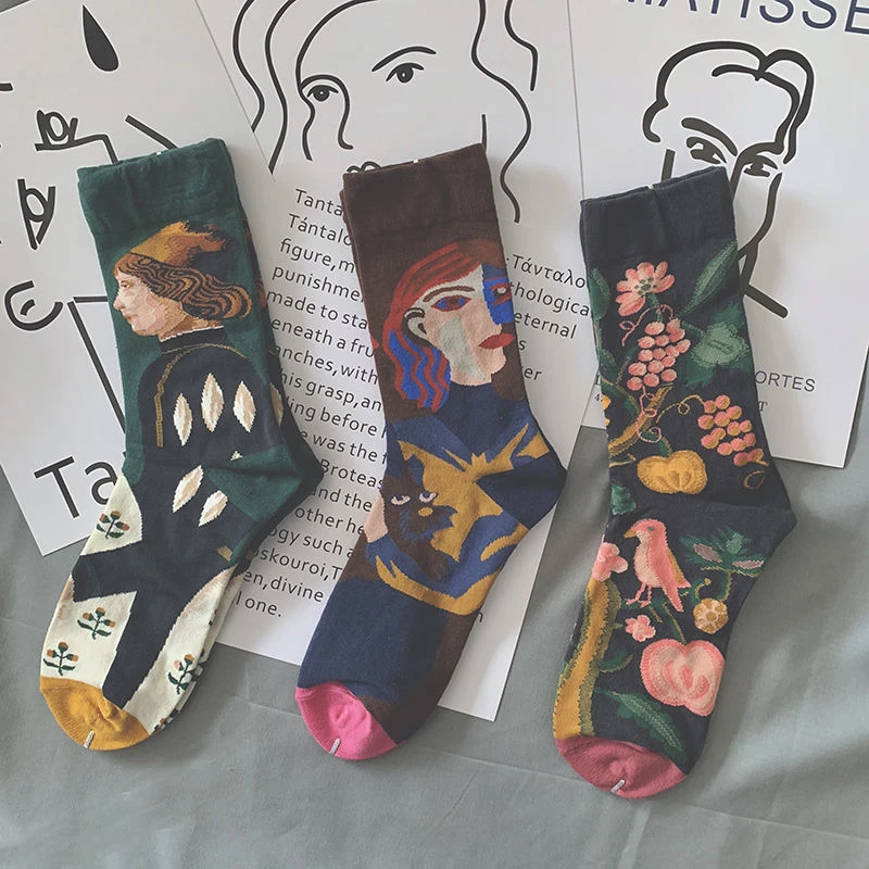 复古学院风创意彩色潮袜男袜子秋季女韩版中筒袜ins高腰个性油画